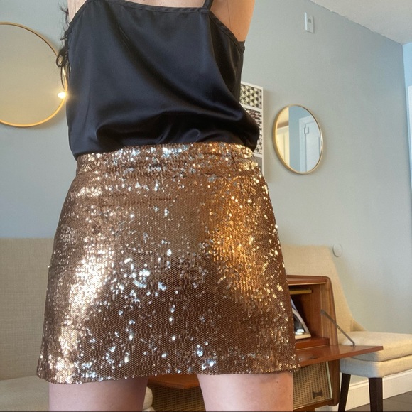 Bronzed Gold Sequin Fully Lined Holiday Cocktail Mini Skirt - Picture 3 of 11